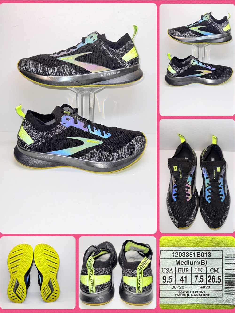 Brooks Women’s Black with Neon Yellow & Iridescent Levitate Running Shoes